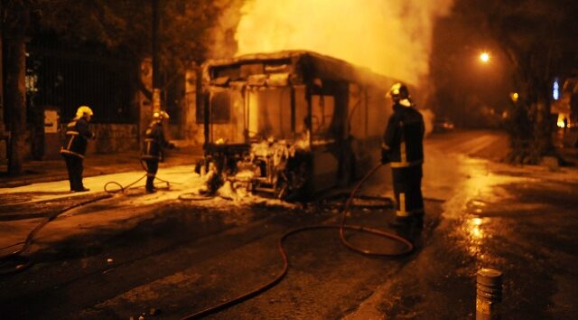 Σταμάτησαν τρόλεϊ έξω απ’ το Πολυτεχνείο, κατέβασαν τους επιβάτες και το έκαψαν