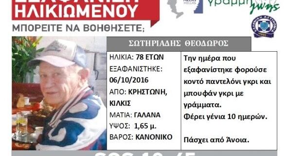 Νεκρός εντοπίστηκε σε χαράδρα ο εξαφανισθείς ηλικιωμένος Θεόδωρος Σωτηριάδης