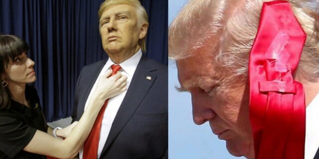 Ο ανεμοδαρμένος Τραμπ κολλά τη γραβάτα του με σελοτέιπ