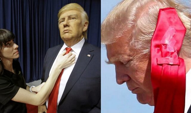 Ο ανεμοδαρμένος Τραμπ κολλά τη γραβάτα του με σελοτέιπ