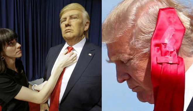 Ο ανεμοδαρμένος Τραμπ κολλά τη γραβάτα του με σελοτέιπ