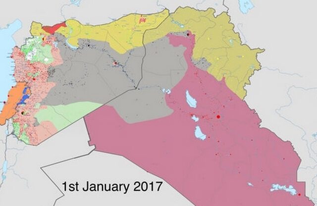ISIS: Με γκρι χρώμα τα εδάφη που κατείχε 1/1/2017. Τι κατέχει ένα χρόνο μετά