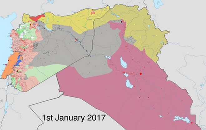 ISIS: Με γκρι χρώμα τα εδάφη που κατείχε 1/1/2017. Τι κατέχει ένα χρόνο μετά