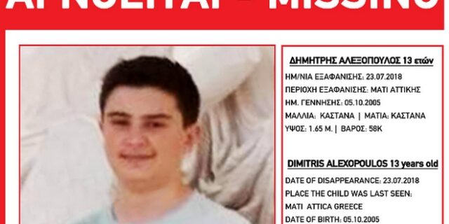 Φωτιά στο Μάτι: Η ανακοίνωση του Χαμόγελου του Παιδιού για τον 13χρονο Δημήτρη Αλεξόπουλο
