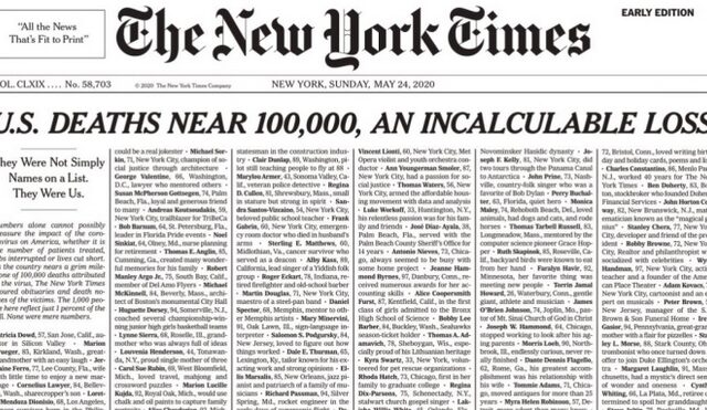 New York Times: Tο πρωτοσέλιδo για τα θύματα του κορονοϊού στις ΗΠΑ και οι αντιδράσεις