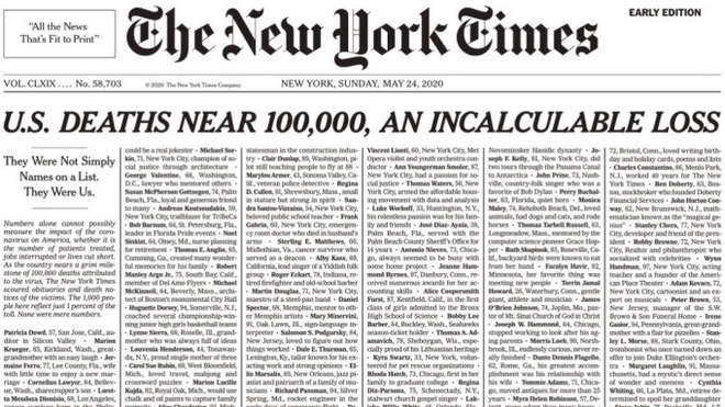 New York Times: Tο πρωτοσέλιδo για τα θύματα του κορονοϊού στις ΗΠΑ και οι αντιδράσεις