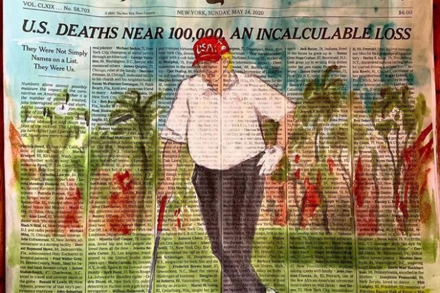 Ζωγράφισαν τον Τραμπ να παίζει γκολφ πάνω στη λίστα των νεκρών από κορονοϊό