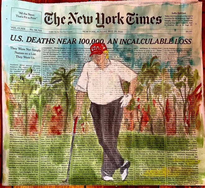Ζωγράφισαν τον Τραμπ να παίζει γκολφ πάνω στη λίστα των νεκρών από κορονοϊό