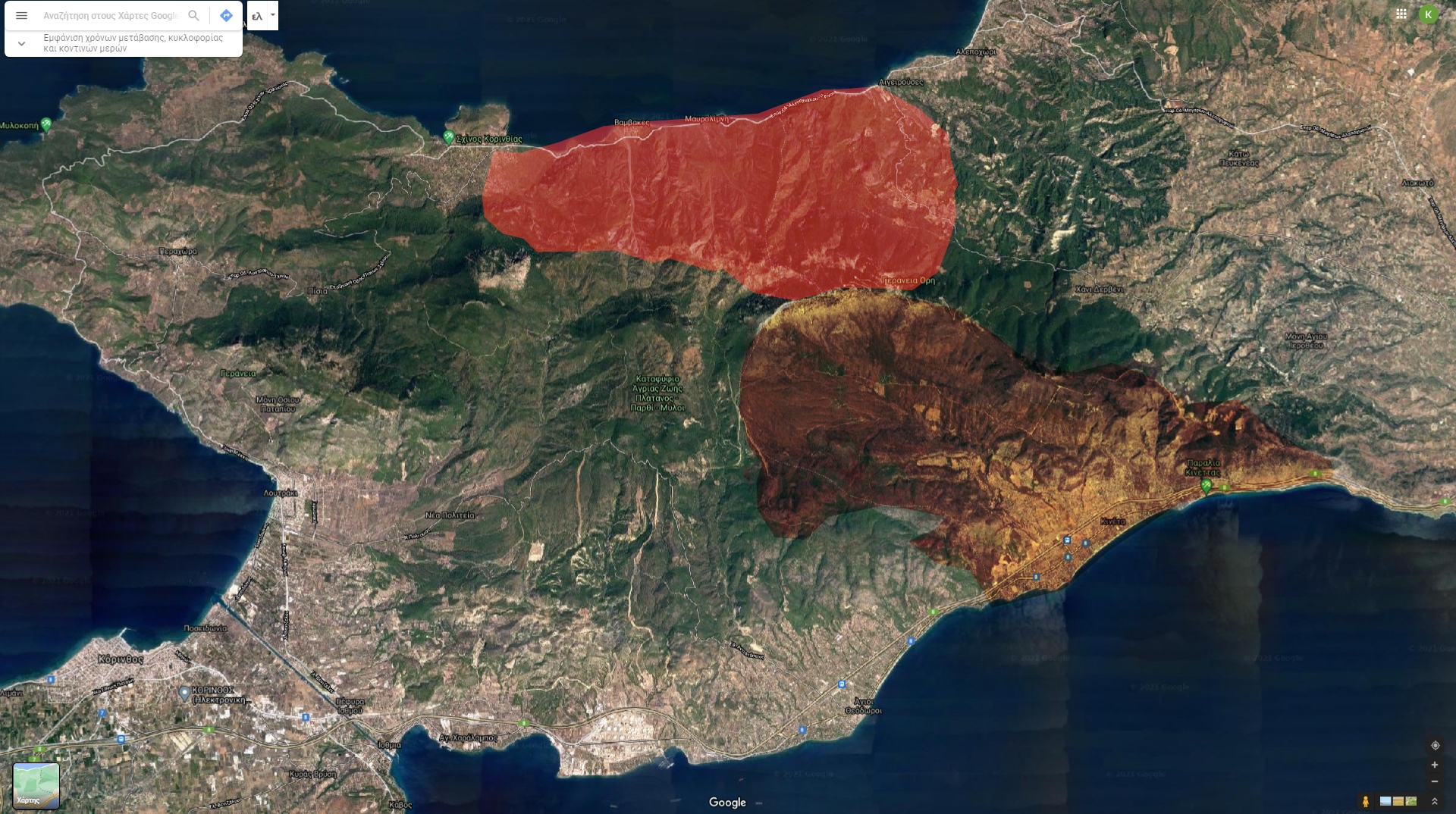 Φωτιά στην Κορινθία: Live χάρτης με την εξέλιξη του μετώπου