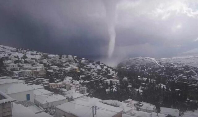 Κακοκαιρία Ελπίδα: Σπάνιες εικόνες – Χιονοστρόβιλος “χτύπησε” Άνδρο και Σκόπελο