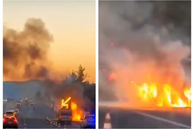 Βίντεο: Αυτοκίνητο τυλίχθηκε στις φλόγες στην εθνική οδό Αθηνών – Κορίνθου