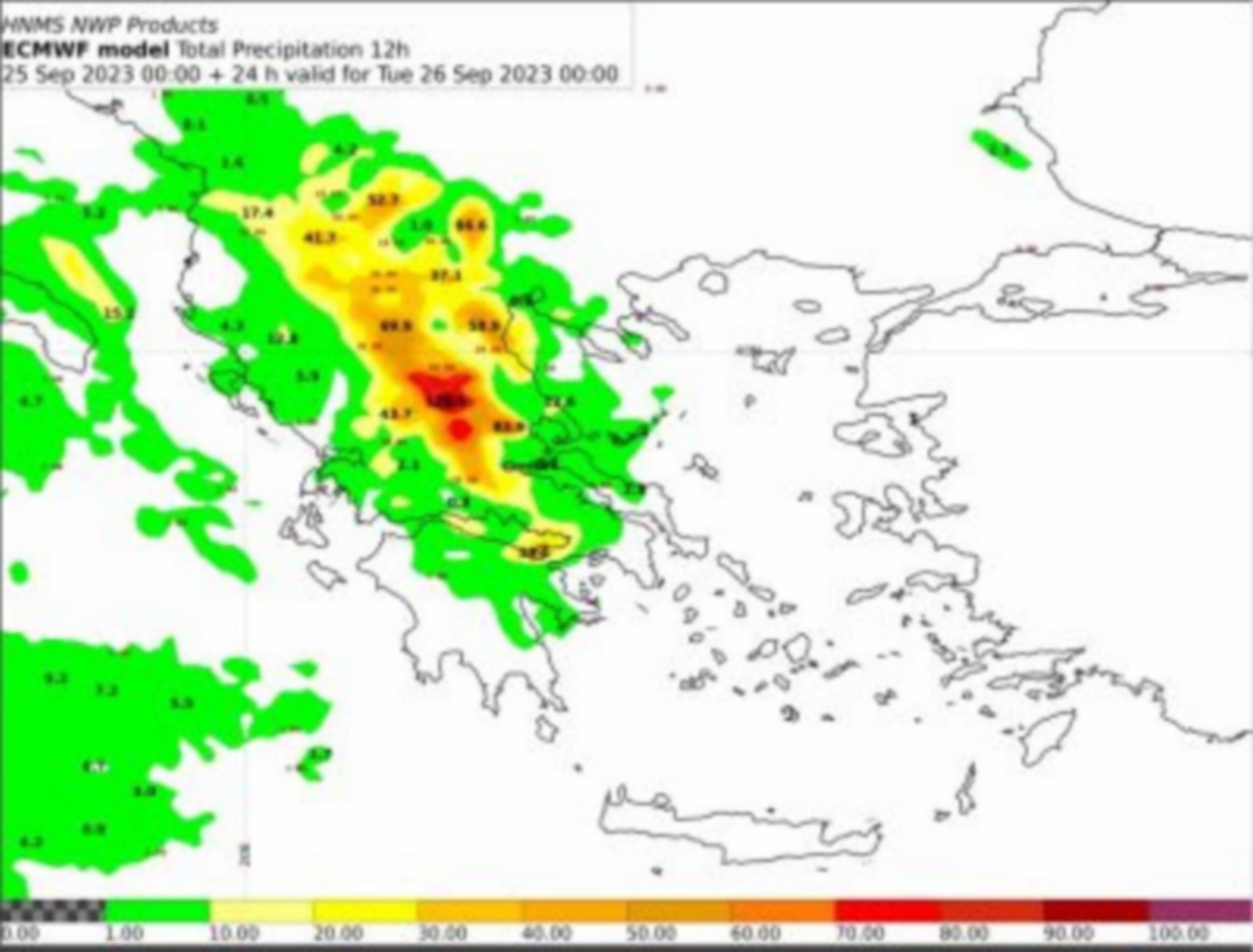  Ύψη 12ωρου υετού από Δευτέρα 12 έως Τρίτη 00 UTC