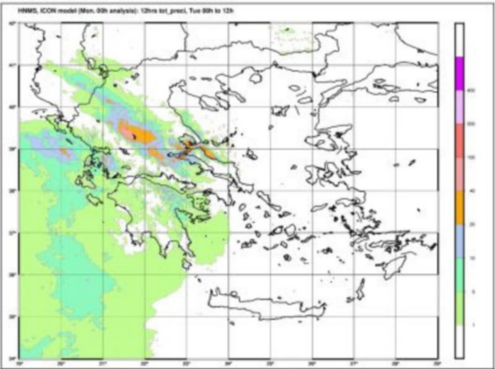 Ύψη 12ωρου υετού από Τρίτη 00 έως Τρίτη 1200 UTC . Πηγή :EMY/ ICON Model