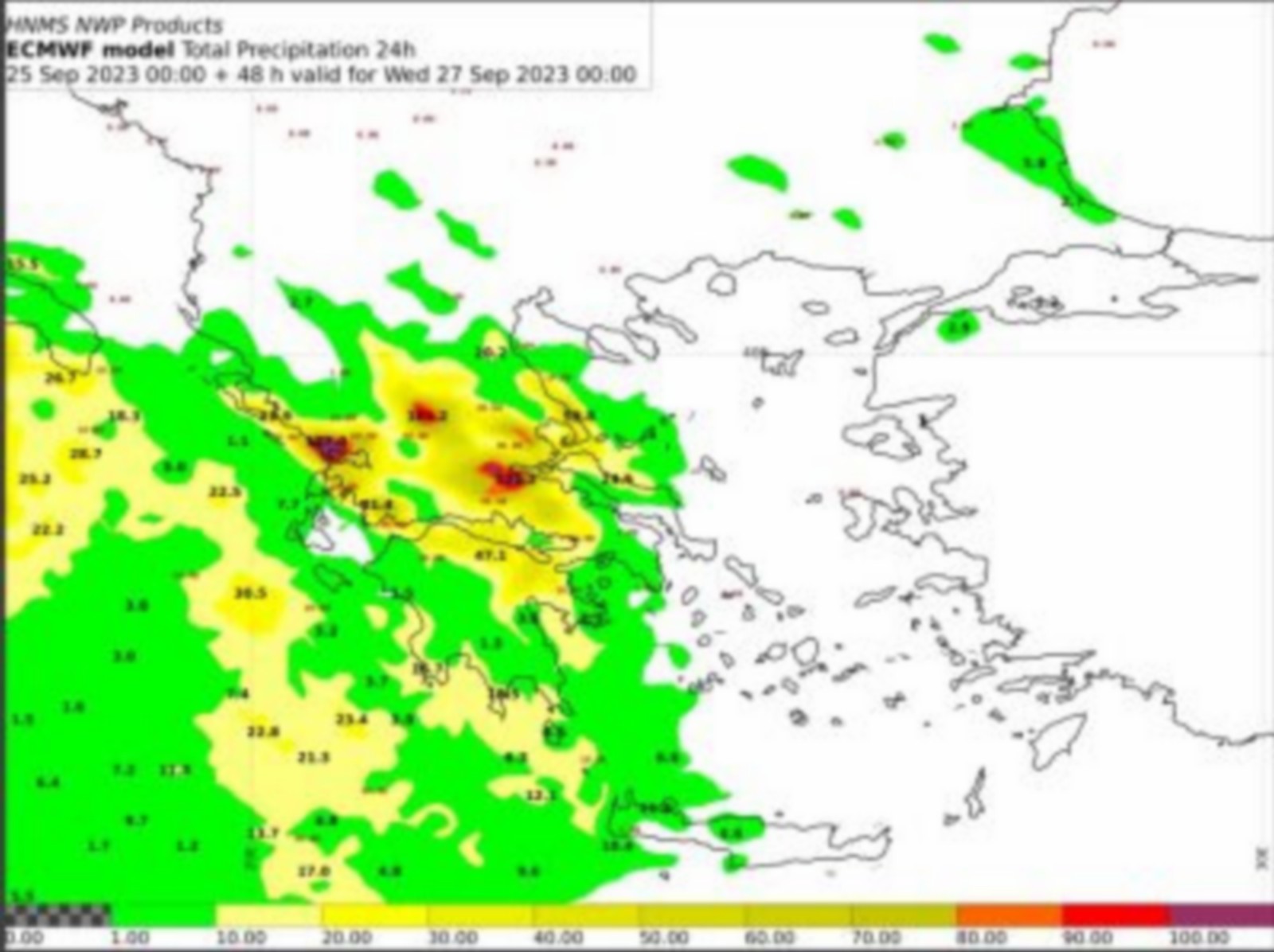 Ύψη 24ωρου υετού από Τρίτη 00 έως Τετάρτη 00 UTC . Πηγή :EMY/ECMWF