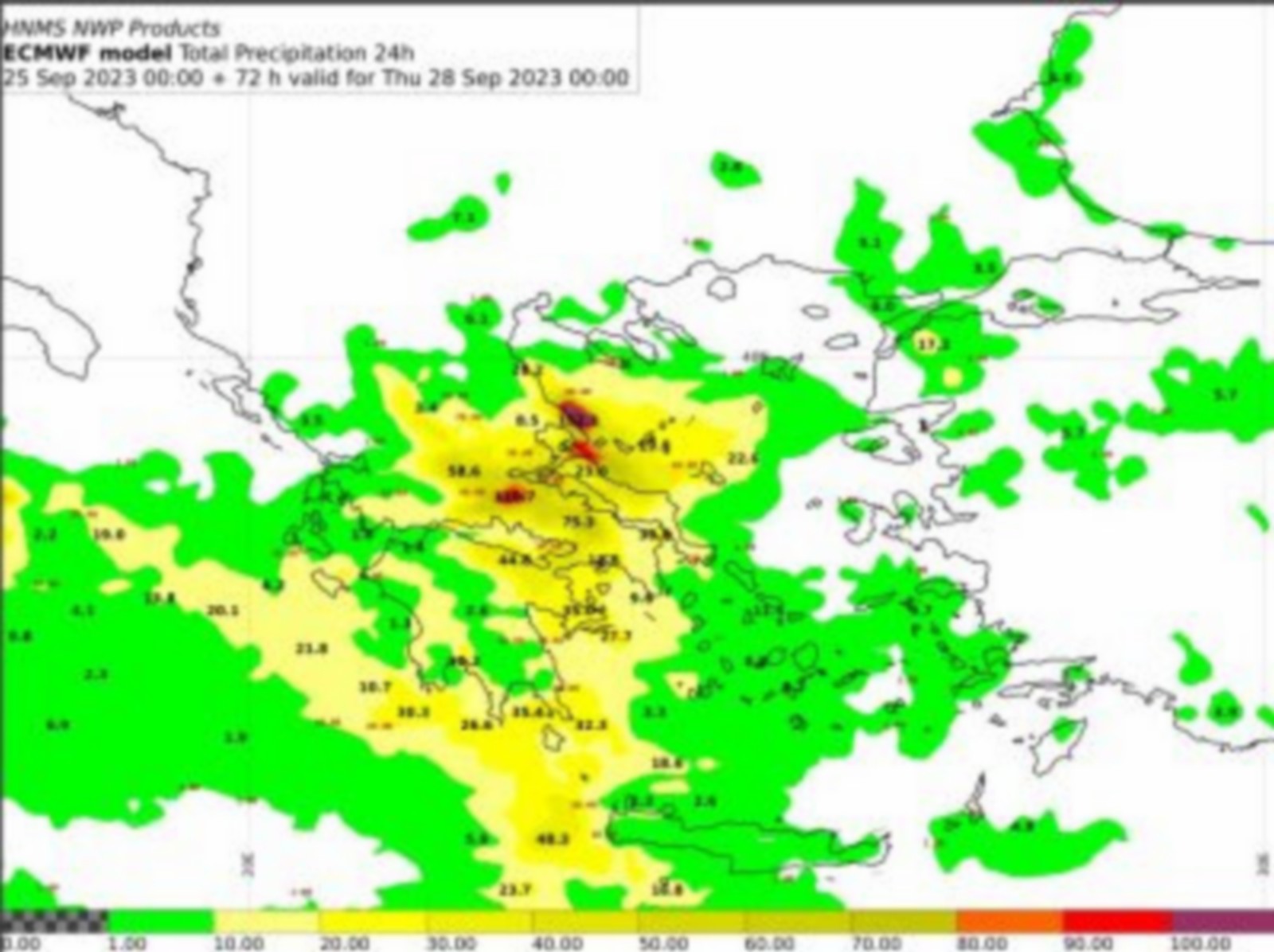 Ύψη 24ωρου υετού από Τετάρτη 00 έως Πέμπτη 00 UTC Πηγή :EMY/ECMWF