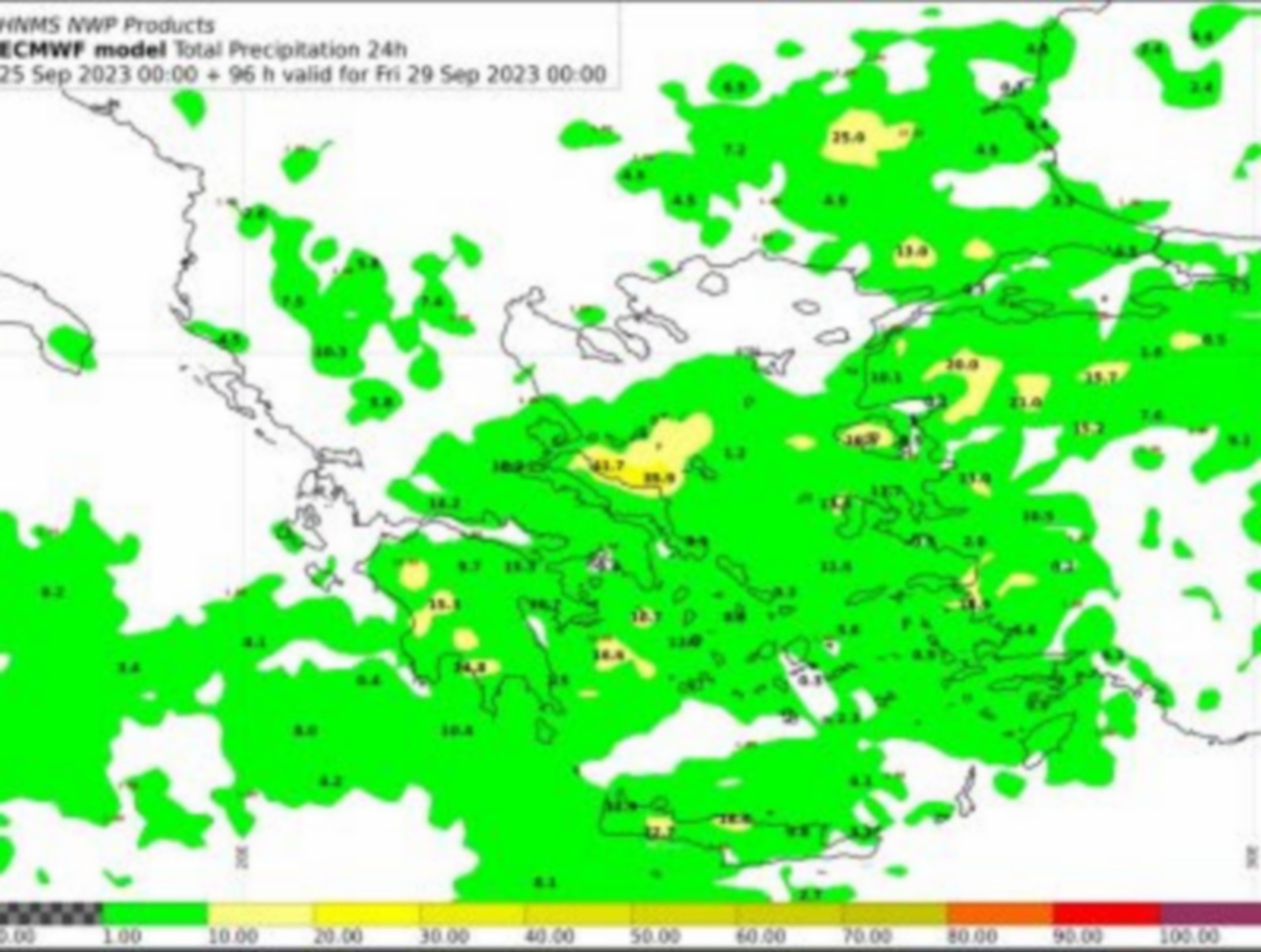 Ύψη 24ωρου υετού από Πέμπτη 00 έως Παρασκευή 00 UTC Πηγή :EMY/ECMWF