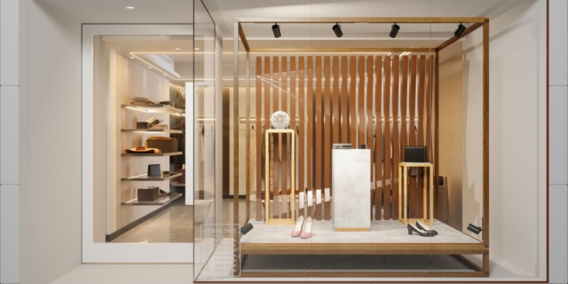 Exterior Of Clothing Store With Shoes And Other Accessories Displaying In Showcase