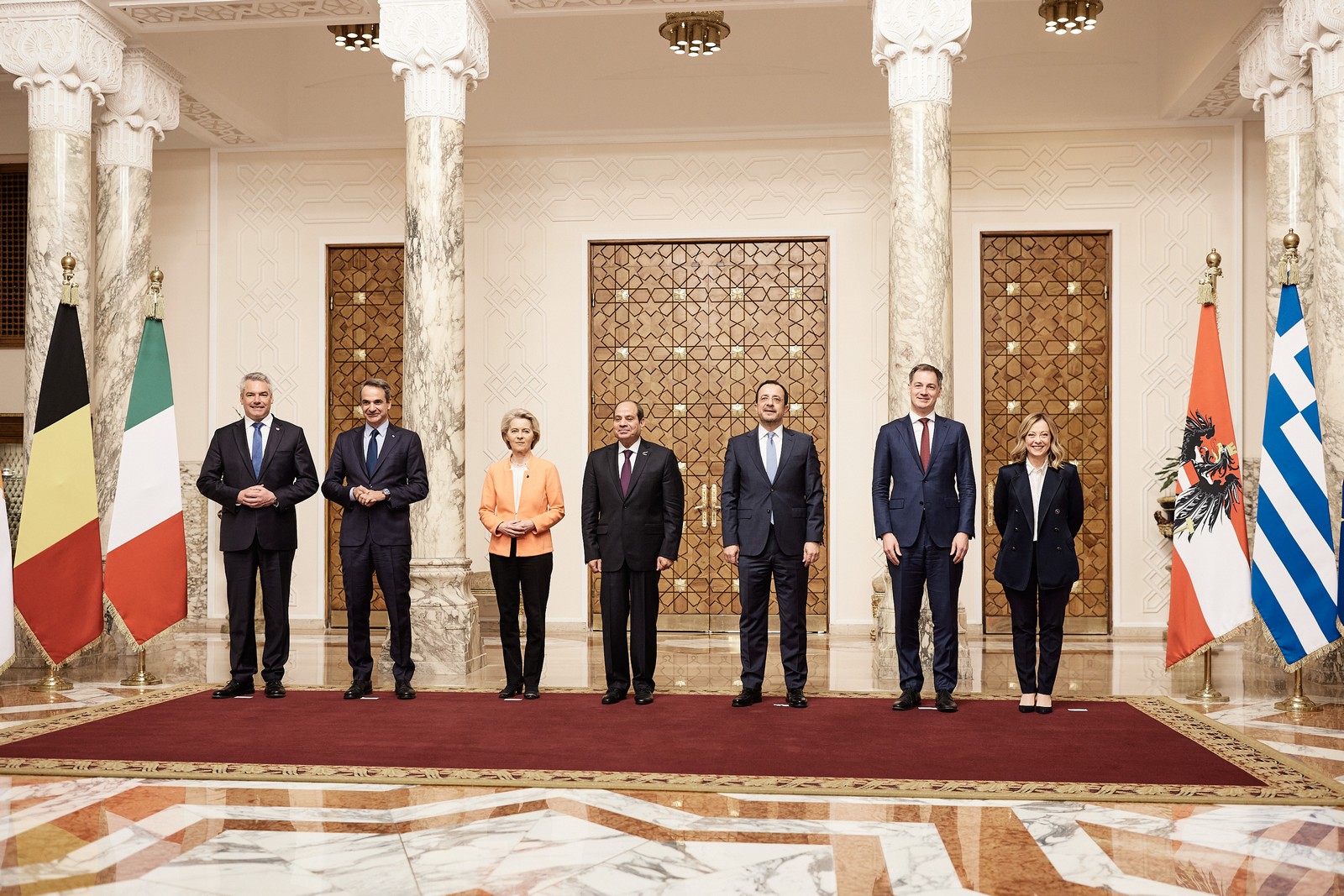 Επίσκεψη του Πρωθυπουργού Κυριάκου Μητσοτάκη στο Κάιρο από κοινού με την Πρόεδρο της Κομισιόν Ούρσουλα φον ντερ Λάιεν, τους πρωθυπουργούς της Ιταλίας Τζιόρτζια Μελόνι, του Βελγίου Αλεξάντερ ντε Κρο και τον καγκελάριο της Αυστρίας Καρλ Νεχάμερ, Κυριακή 17 Μαρτίου 2024.