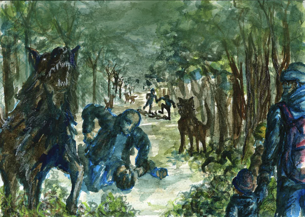 Μια εικόνα που αποτυπώνει πρόσφυγες που ξυλοκοπούνται και να περικυκλώνονται από σκυλιά στα δάση της Λευκορωσίας, Φεβρουάριος 2024.