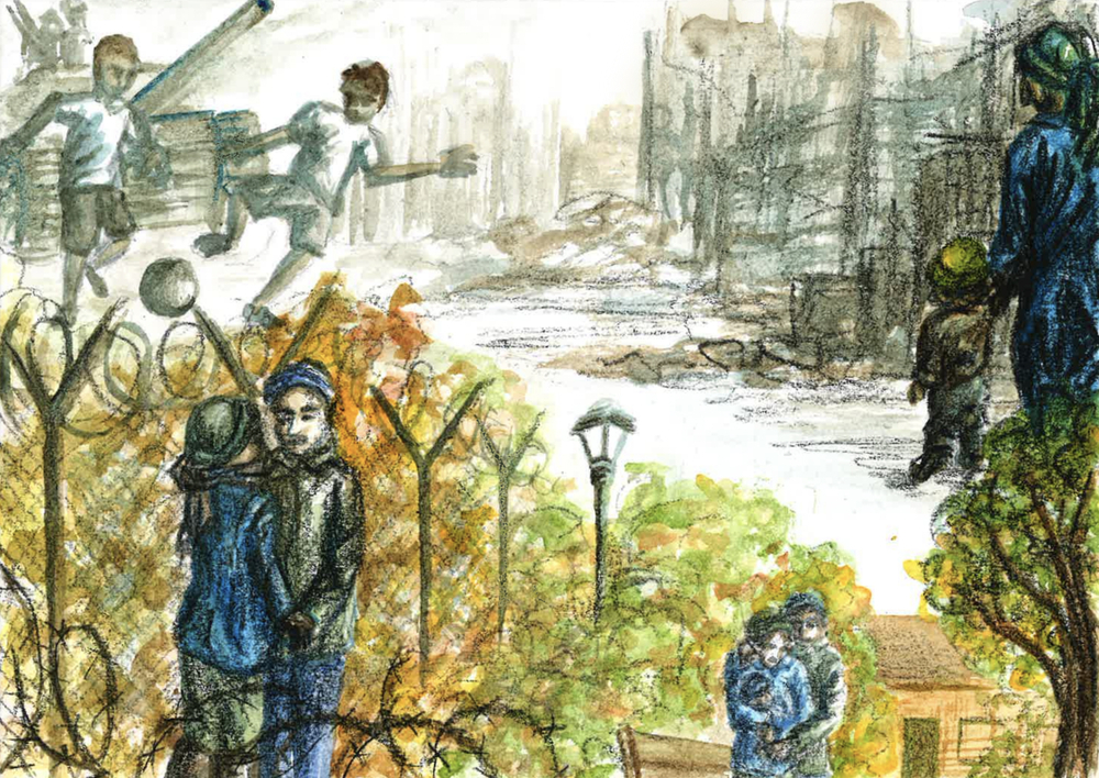 Μια εικόνα που συγκρίνει τη σκληρή ζωή των προσφύγων στα σύνορα με την ασφαλή ζωή των οικογενειών στις πόλεις. Λευκορωσία, Φεβρουάριος 2024.