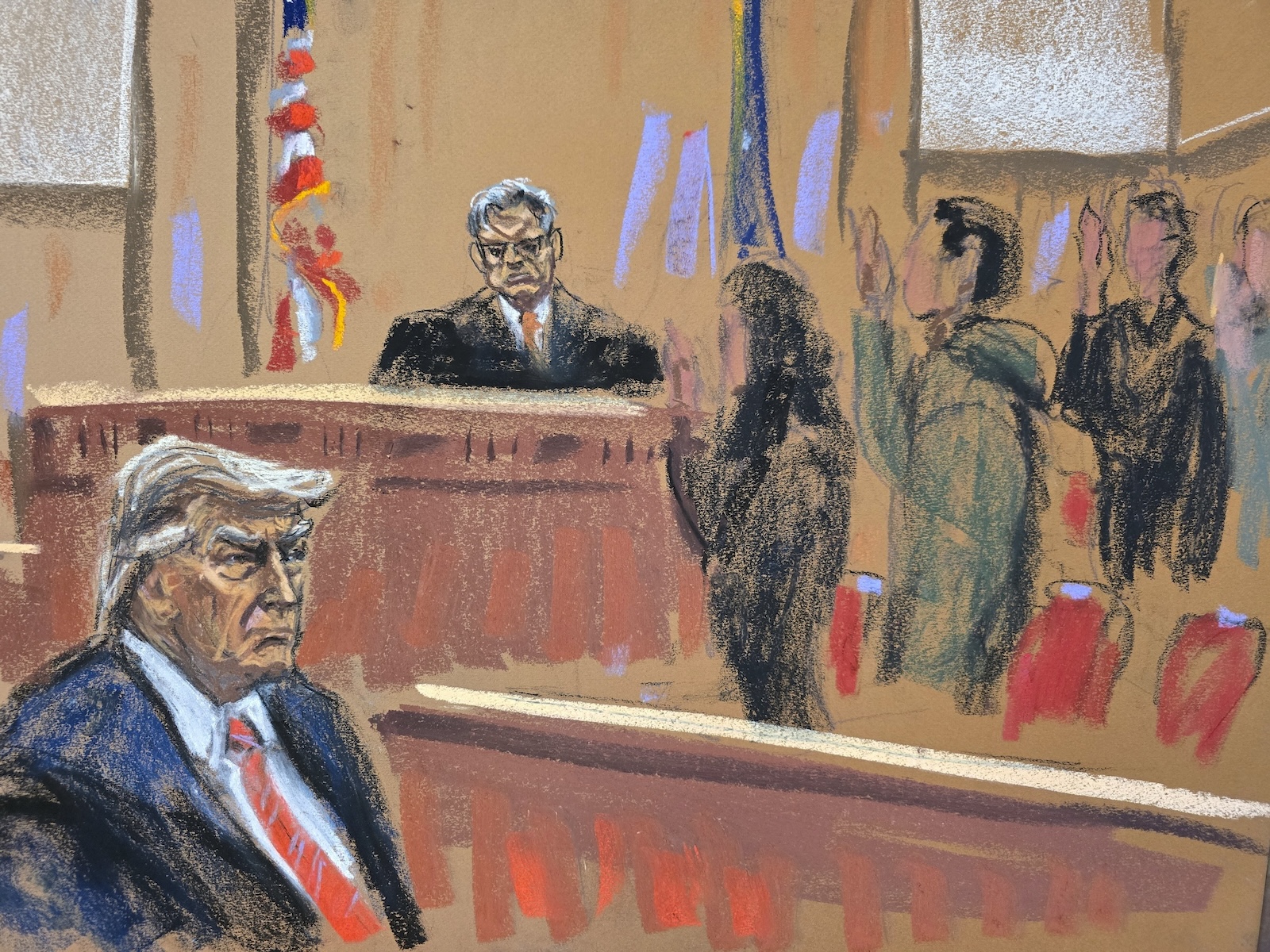 Ο πρώην πρόεδρος Ντόναλντ Τραμπ κάθεται καθώς ορκίζονται οι τελικοί ένορκοι κατά τη διάρκεια της ποινικής δίκης του με την κατηγορία ότι παραποίησε επιχειρηματικά αρχεία για να αποκρύψει τα χρήματα που πλήρωσε για να αποσιωπήσει την πορνοστάρ Στόρμι Ντάνιελς το 2016, στο πολιτειακό δικαστήριο του Μανχάταν στη Νέα Υόρκη