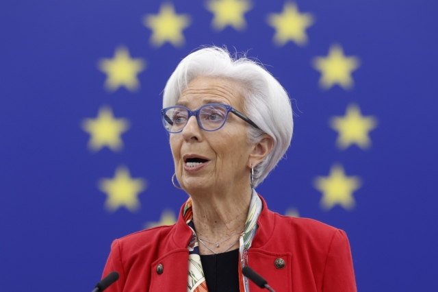 FILE - The President of European Central Bank, Christine Lagarde, delivers a speech at the European Parliament in Strasbourg, France, on Feb. 15, 2023. Inflation fell again in Europe in August, supporting market speculation that the European Central Bank might pause its record series of interest rate hikes. (AP Photo/Jean-Francois Badias, File)