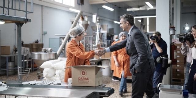Ο Κυριάκος Μητσοτάκης στο εργοστάσιο της εταιρείας «Ήλιος Μπαχαρικά»