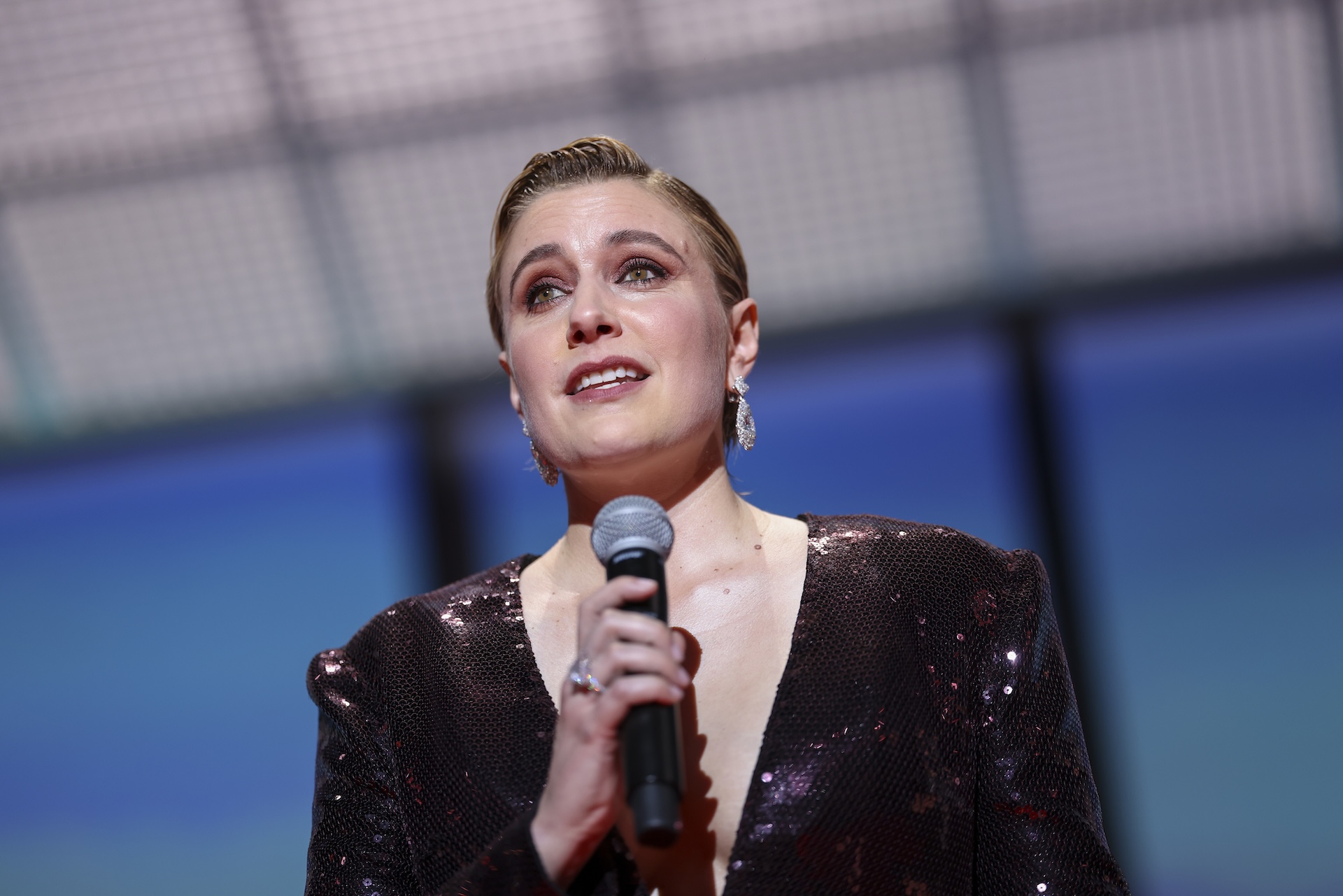 Jury president Greta Gerwig addresses the audience during the opening ceremony of the 77th international film festival, Cannes, southern France, Tuesday, May 14, 2024. (Photo by Vianney Le Caer/Invision/AP)