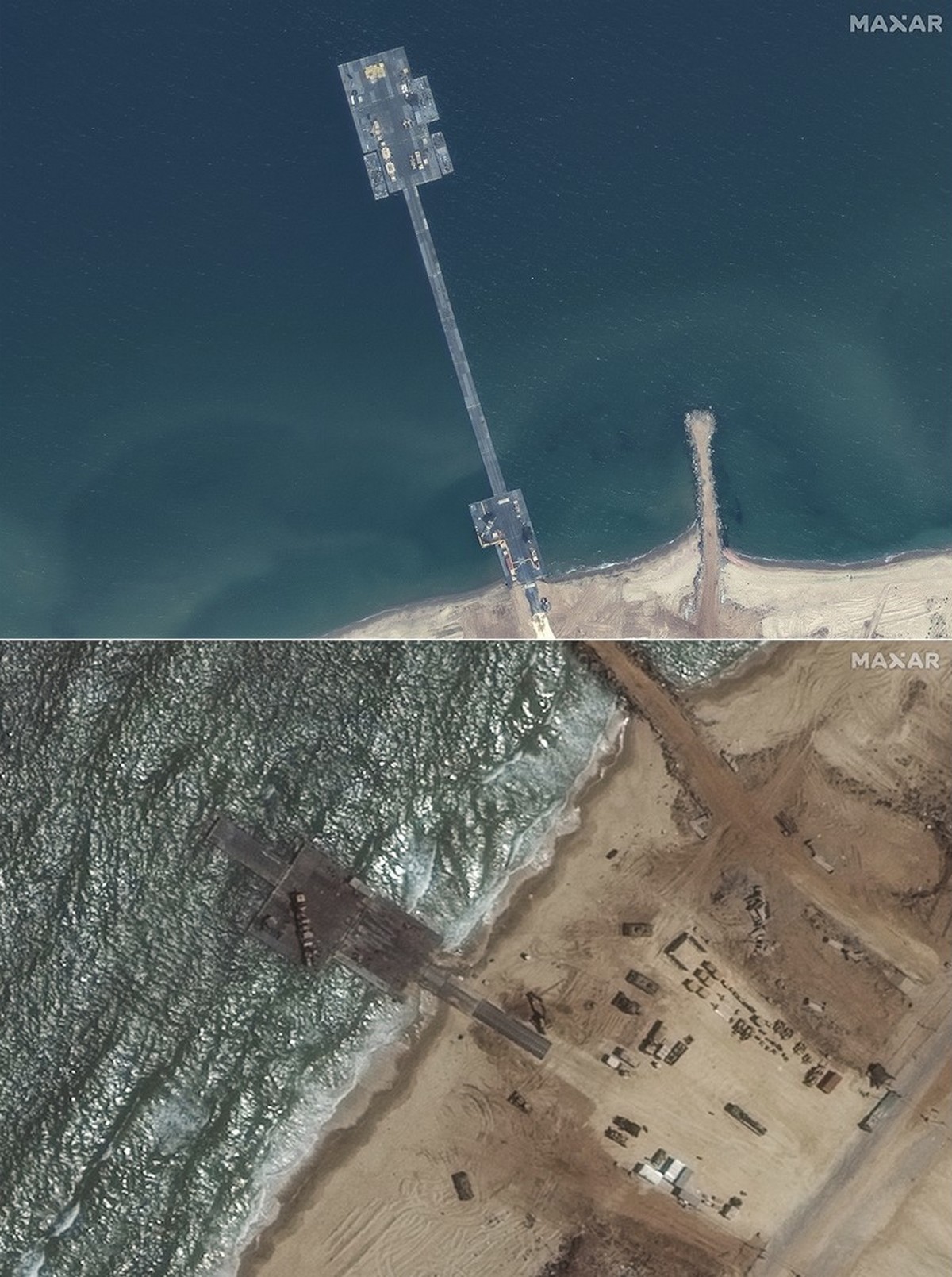 Πάνω η ολοκληρωμένη προβλήτα στη Λωρίδα της Γάζας και κάτω ό,τι έχει απομείνει μετά την καταστροφή