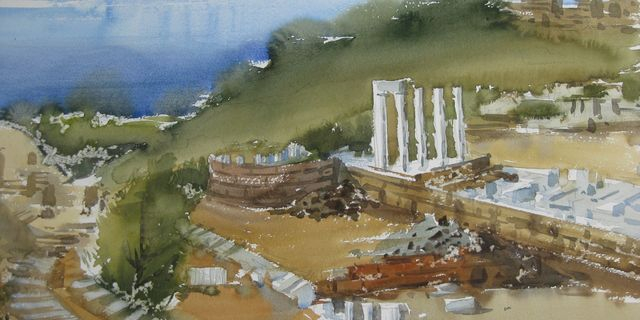 Πάρις Πρέκας (Έλληνας, 1926-1999), Σαμοθράκη, 1969. Υδατογραφία, 50 × 70 εκ. Μουσείο Μπενάκη, (ΓΕ_46592), δωρεά Μερόπης Πρέκα.