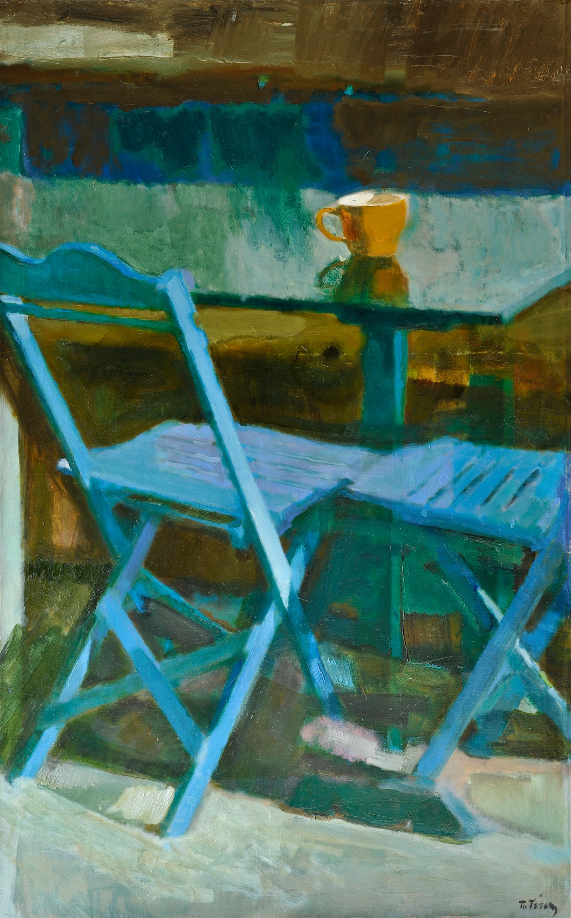 Τέτσης Παναγιώτης(Ύδρα 1925-Αθήνα 2016) Οι μπλε καρέκλες II 1975 - 1976 Λάδι σε μουσαμά Διαστάσεις έργου: 138 x 88 εκ. Δωρεά του καλλιτέχνη Π.9955