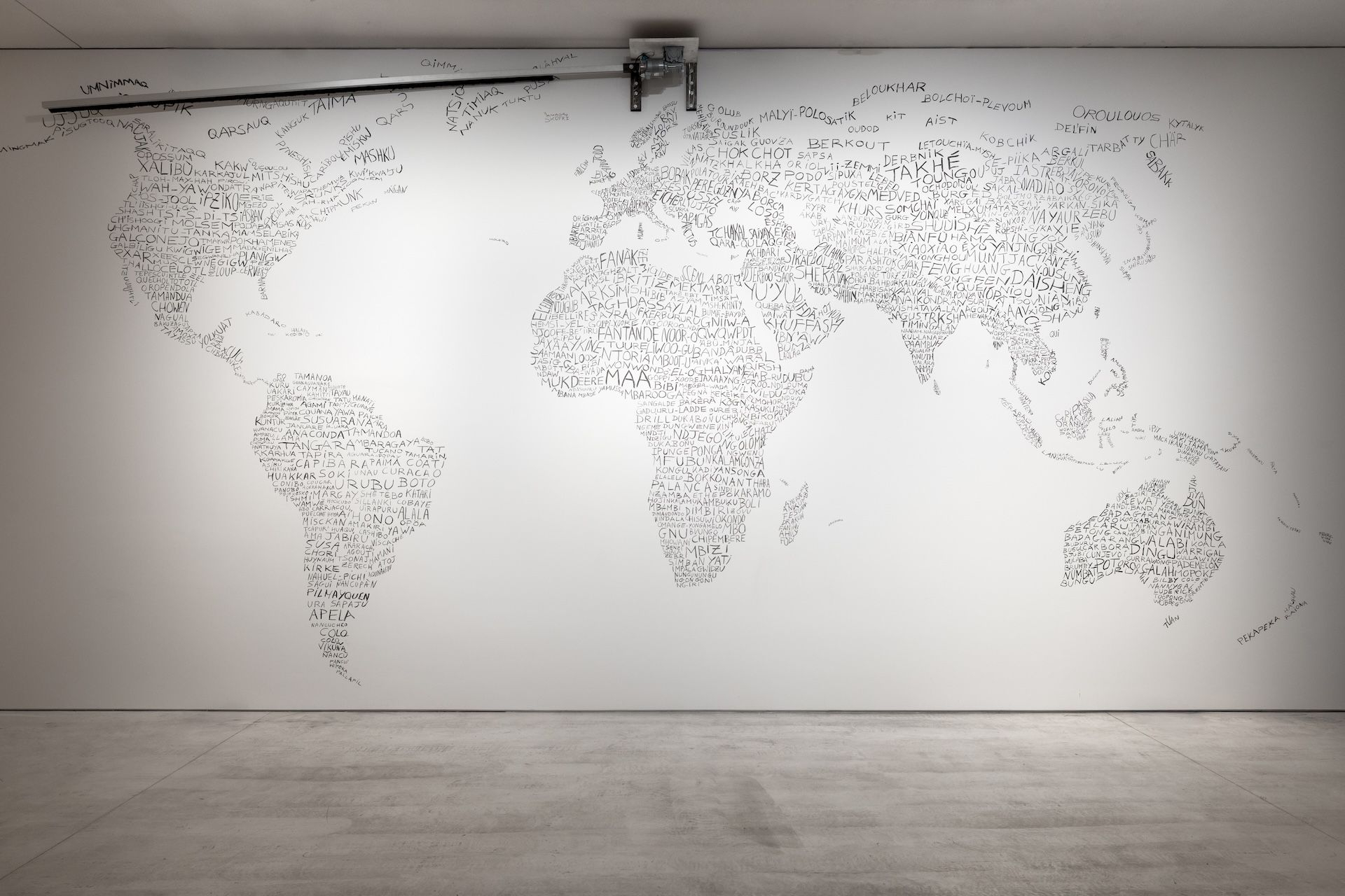 Art Orienté Objet L’Alalie, 2010 Σχέδιο με κιμωλία σε άσπρο τοίχο, ρομποτική βούρτσα συνδεδεμένη με χρονόμετρο Μεταβλητές διαστάσεις Ευγενική παραχώρηση των καλλιτεχνών Φωτογραφία: Πάρις Ταβιτιάν