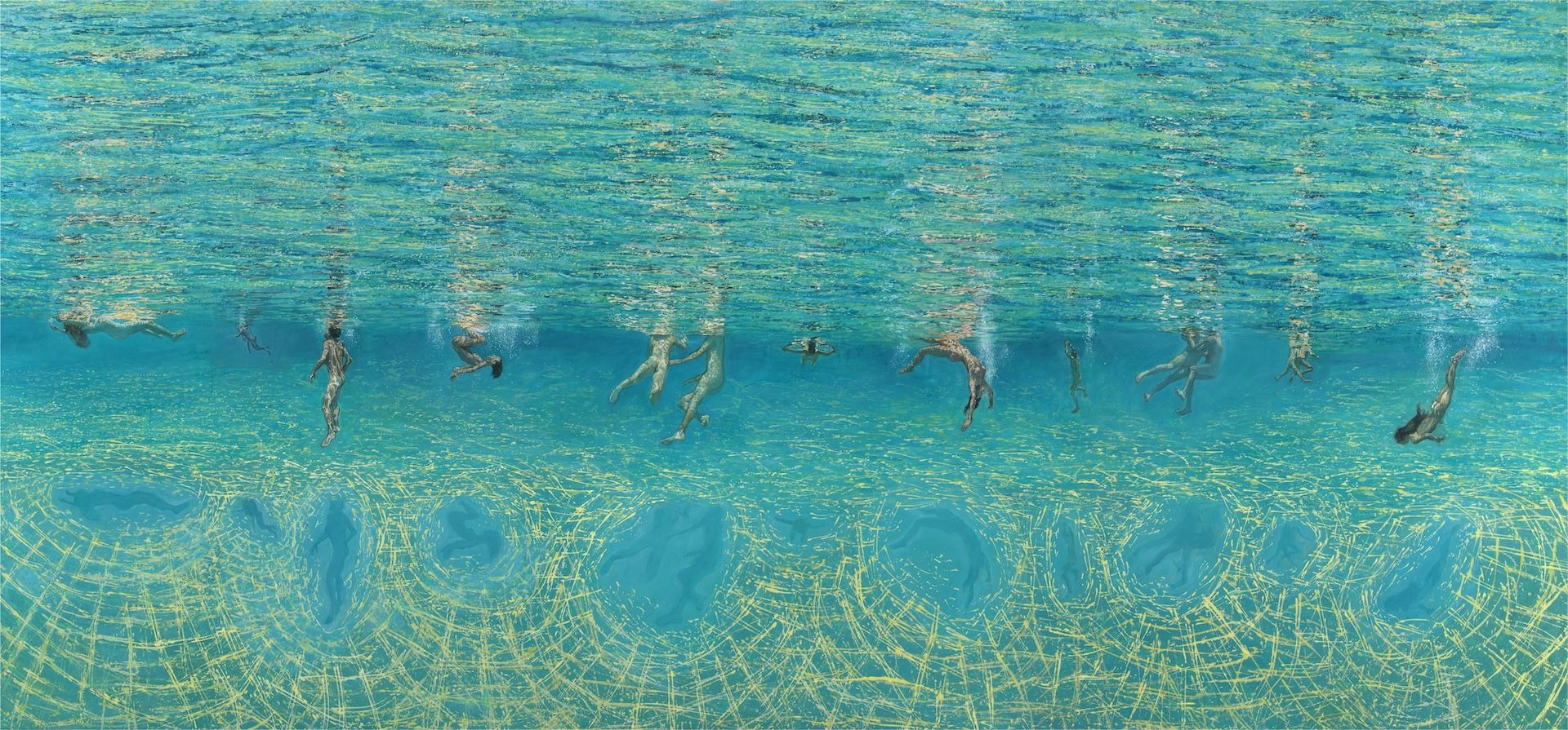 Κολυμβητές κάτω από το νερό 2024-25 Λάδι σε καμβά, 160 x 400 εκ. Ιδιωτική συλλογή