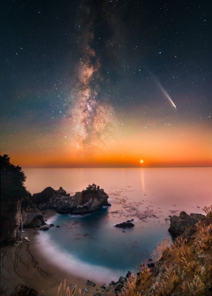 “Starlit Ocean: A Comet, the setting Venus, the Milky Way, and McWay Falls” – Xingyang Cai