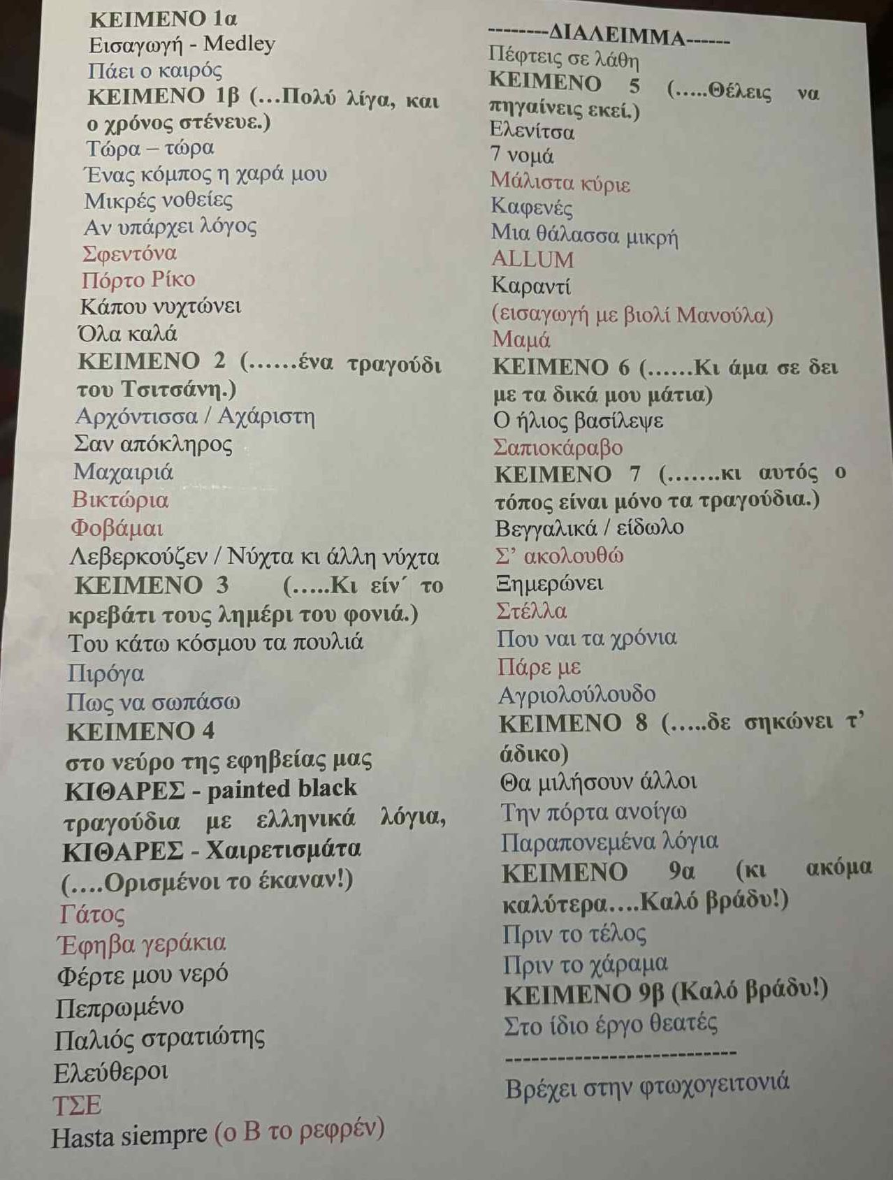 Το set list της συναυλίας