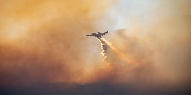 Αεροπλάνο Canadair ενεργεί σε πυρκαγιά που καίει δασική έκταση στη Χίο, Τρίτη 24 Ιουνίου 2025.