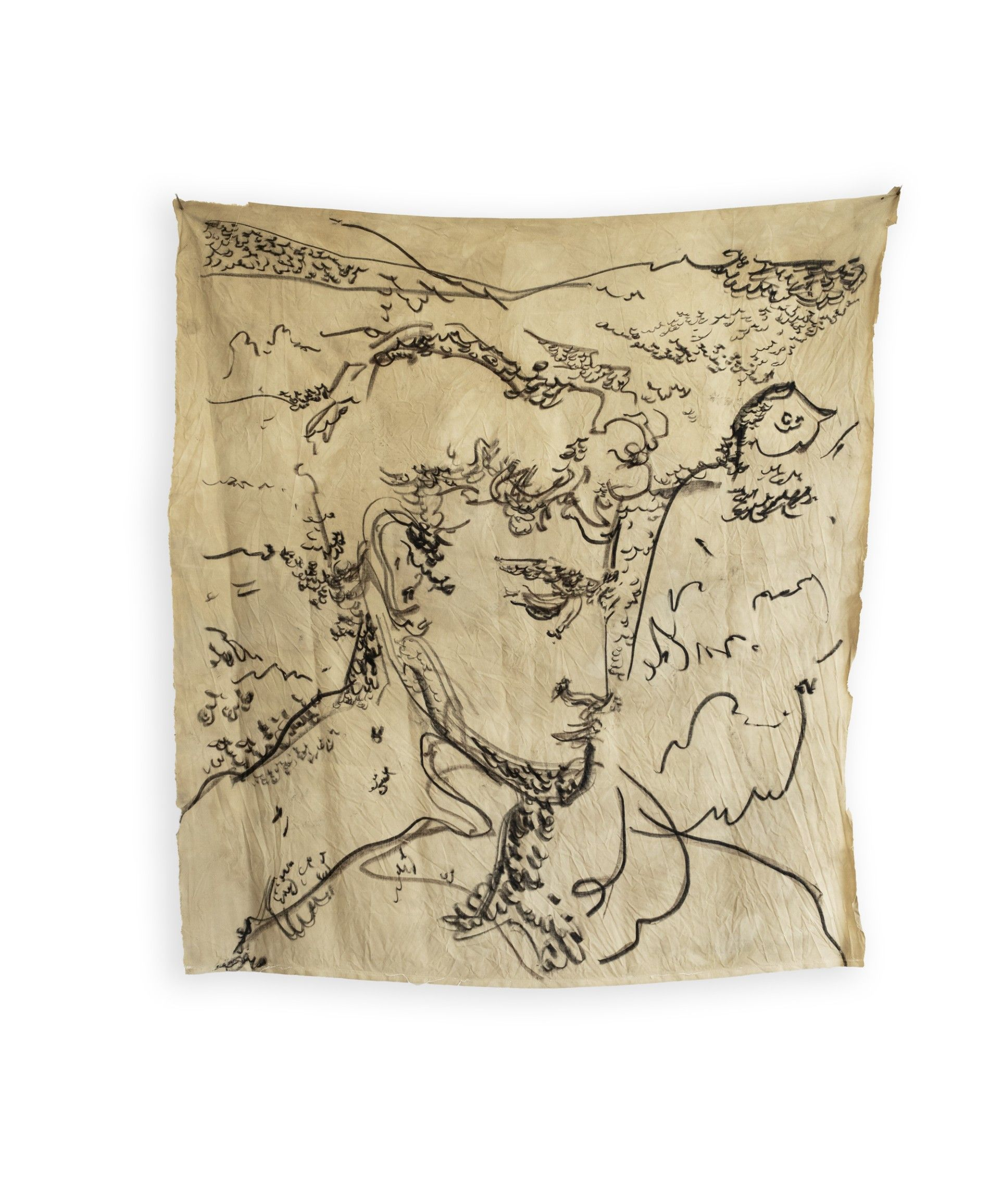 Nil Gallery_Malik Thomas Jalil Kydd, Dreamt of Dove, 2025, Charcoal on sage dyed silk, 90 x 75 cm 35 38 x 29 12 in, Courtesy Nil Gallery and the artist