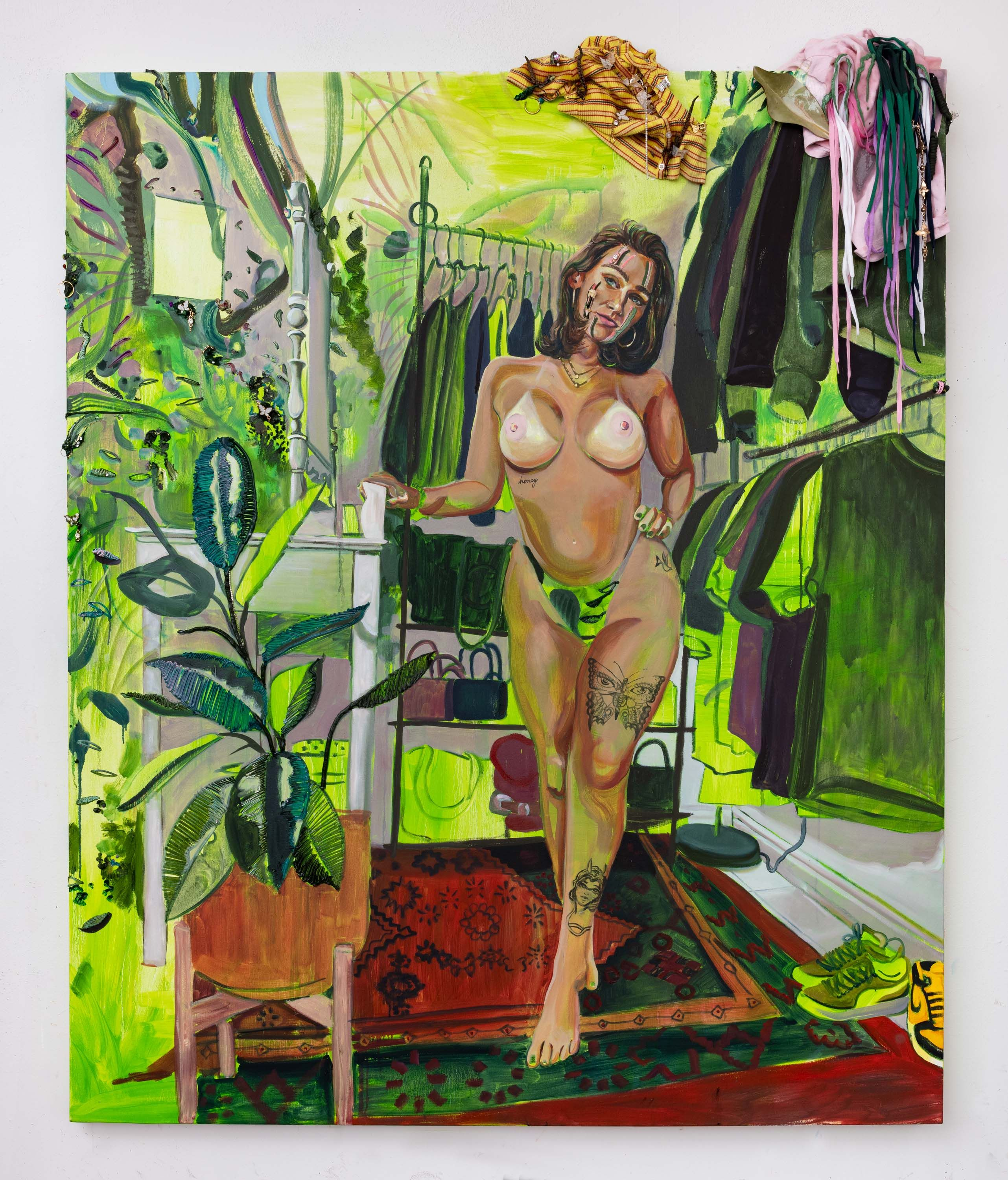 Gisela McDaniel_Push through_Oil on canvas, clothing, shoelace, jewelry from subject, resin, flower, sound_ 190.5 x 152.4 x 15.2 cm_2023_ Gisela McDaniel. Image courtesy the artist and Pilar