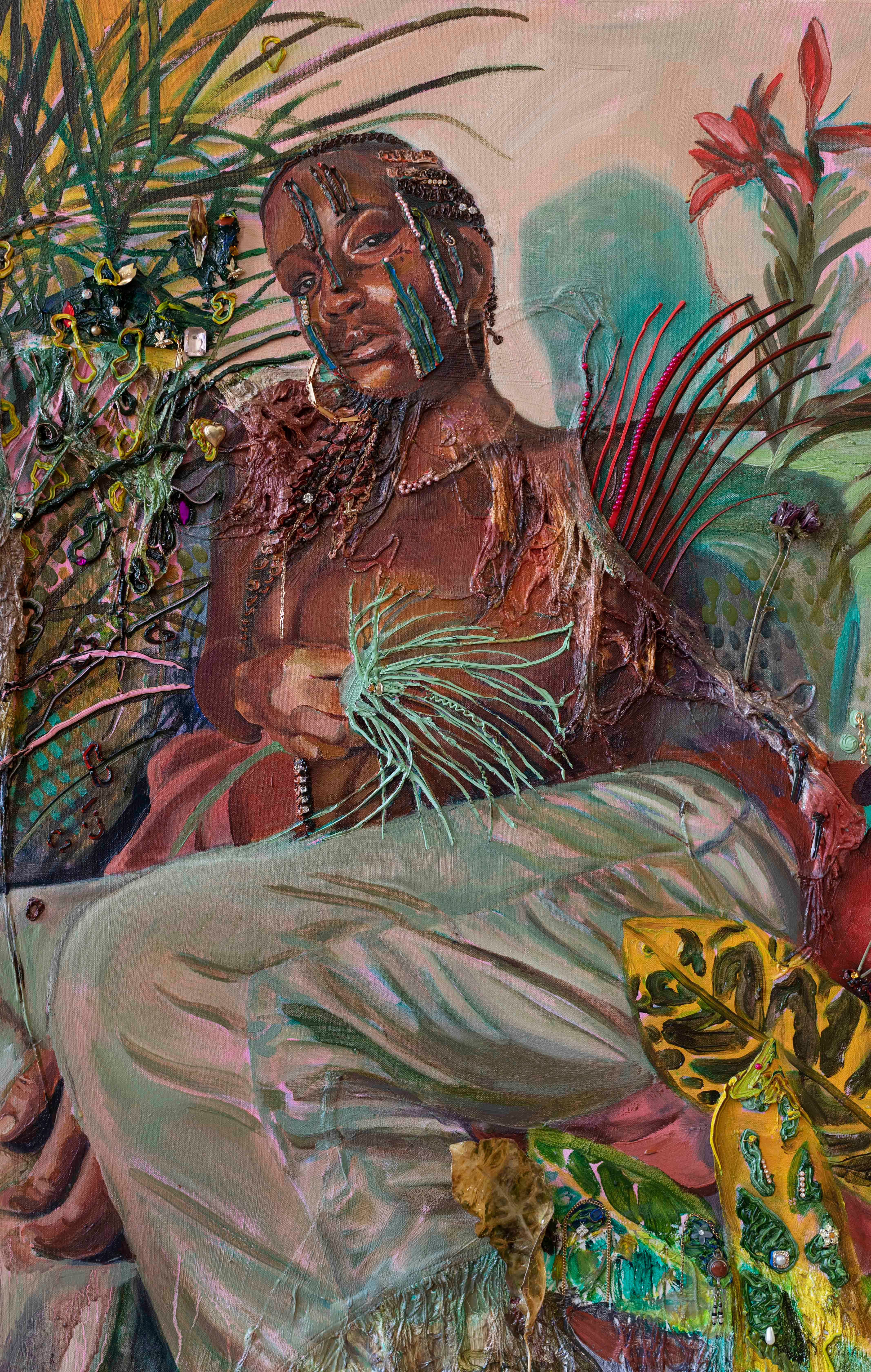 DH_GMD_02_Gisela McDaniel_Bow Down_Oil on canvas, found objects, resin, sound_2019_Gisela McDaniel. Image courtesy the artist and Pilar Corrias, London