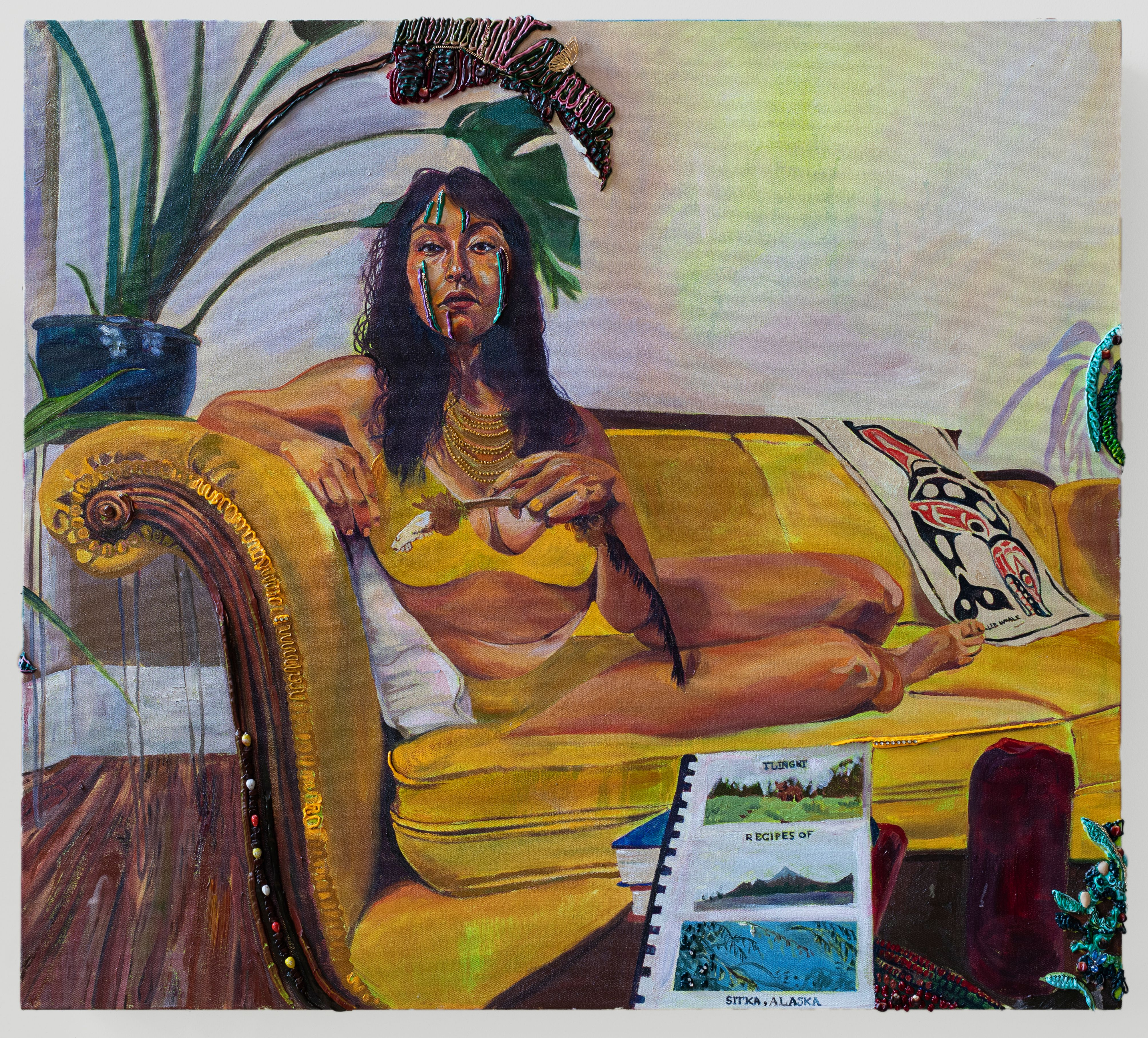 Gisela McDaniel_Speaking Seeds_Oil on canvas, found object, corn and seed, sound on usb_101.6 x 91.4 x 14 cm_2020_ Gisela McDaniel. Image courtesy the artist and Pilar Corrias, London