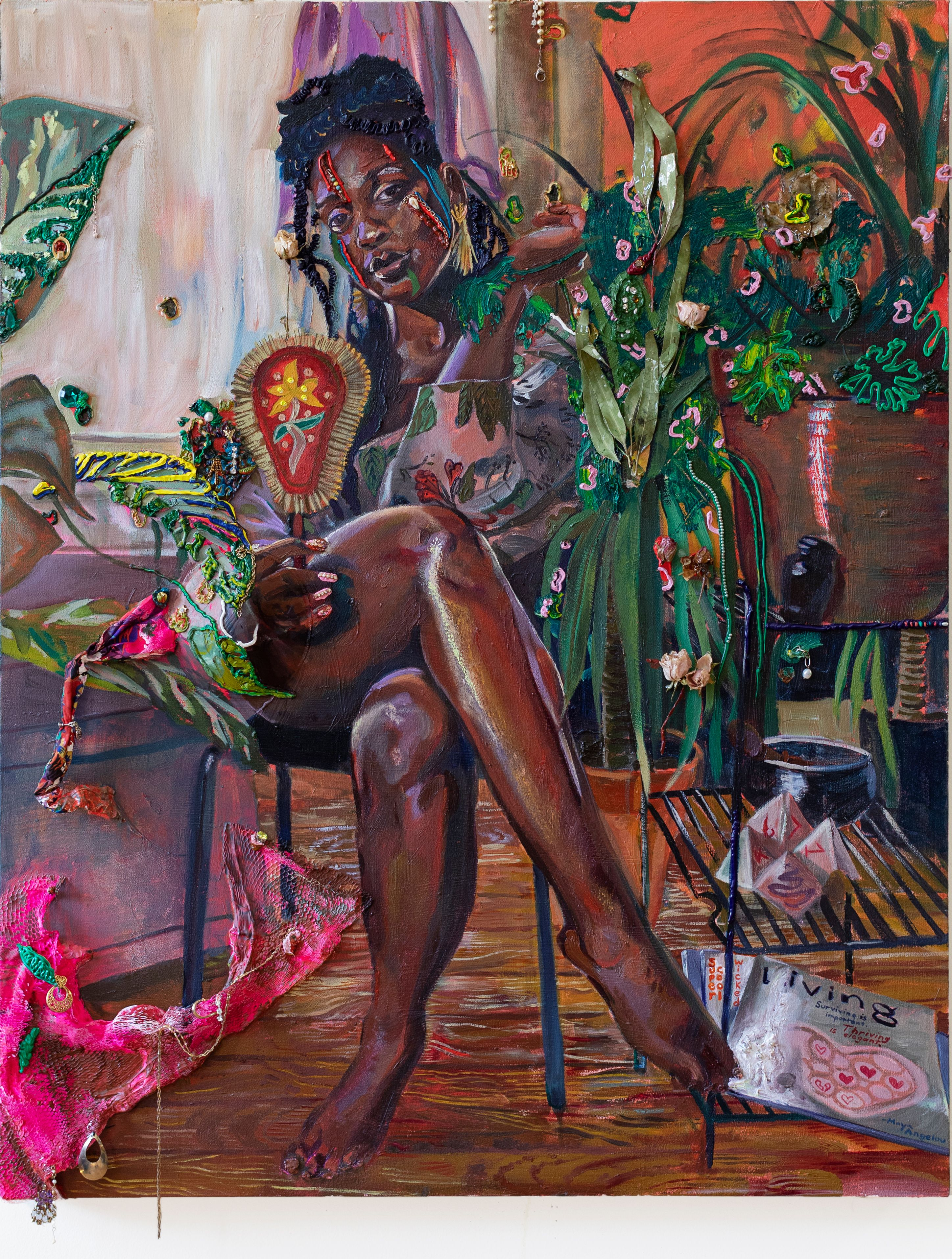 Gisela McDaniel_Presence_Oil on canvas, found object, flower, resin, sound_101.6 x 81.3 x 10.2 cm_2020_ Gisela McDaniel. Image courtesy the artist and Pilar Corrias, London