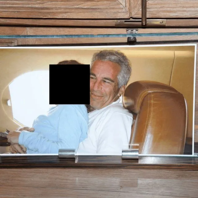 Αυτή η φωτογραφία με επεξεργασμένο περιεχόμενο, που δόθηκε στη δημοσιότητα από το Υπουργείο Δικαιοσύνης των ΗΠΑ, δείχνει μια κορνιζαρισμένη φωτογραφία του Τζέφρι Έπσταϊν με ένα άτομο στην αγκαλιά του, καταγραμμένη στις 12 Αυγούστου 2019