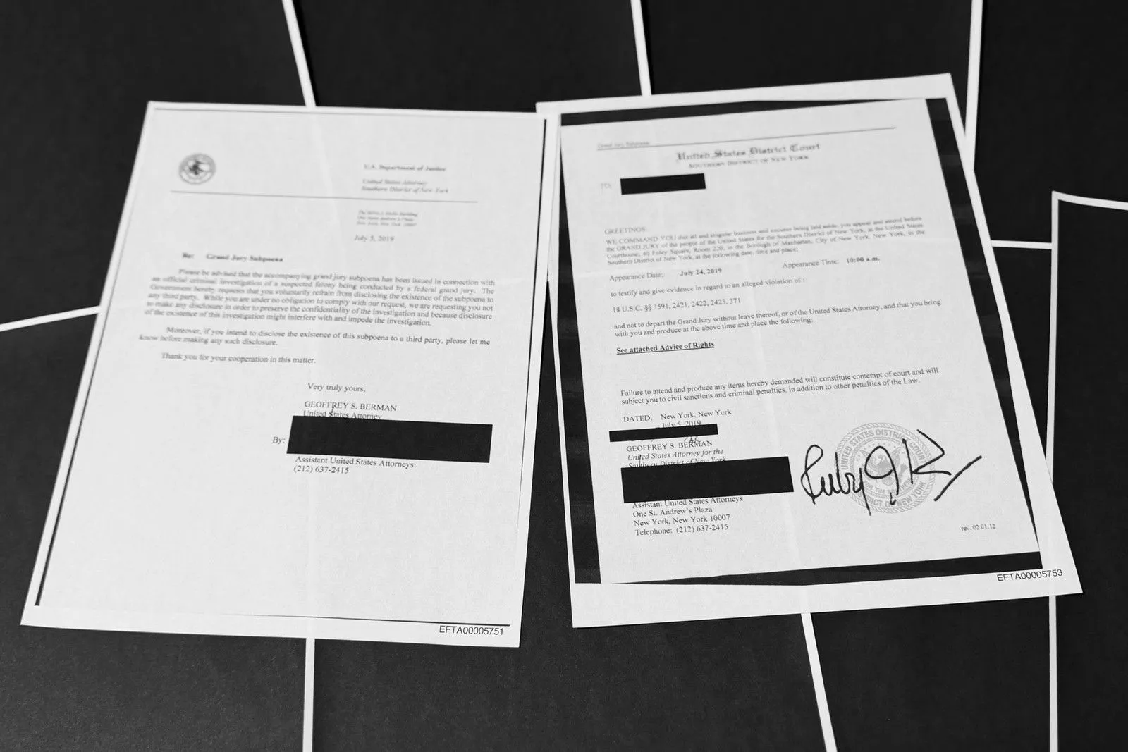 Έγγραφο που δημοσιοποιήθηκε από το Υπουργείο Δικαιοσύνης των ΗΠΑ με μαύρα κουτιά