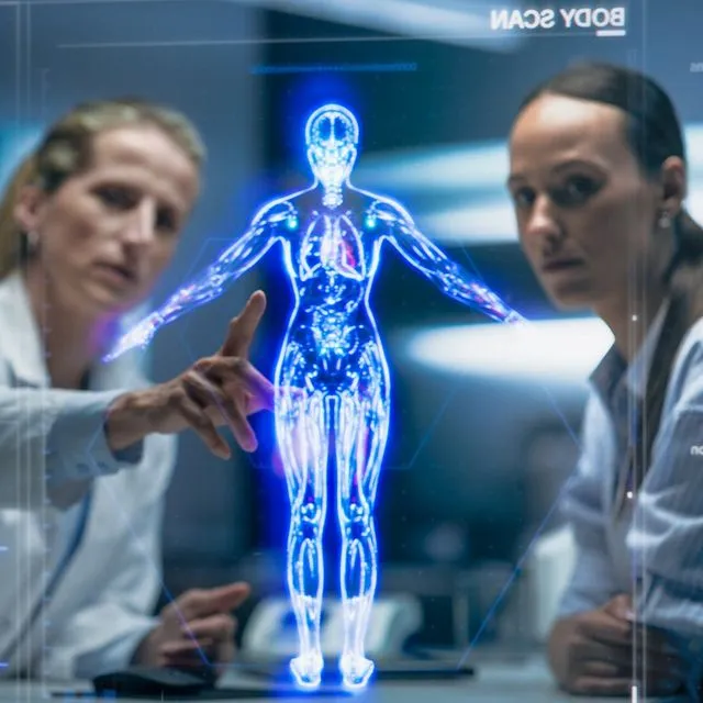 Γιατρός και ασθενής αναλύουν ένα ολογραφικό μοντέλο σώματος.