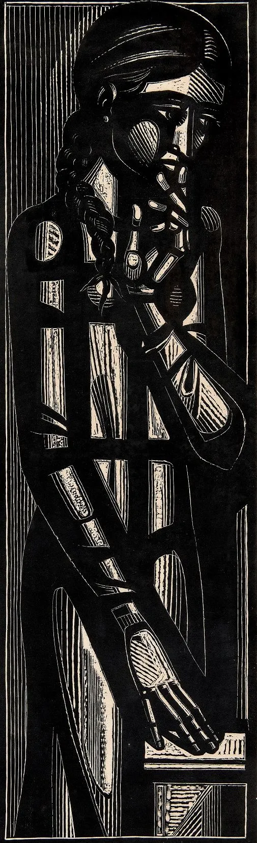 Α. Τάσσος, Επιτύμβιο για την Μαρία Κ., 1968, ξυλογραφία, 106 x 32 εκ.,Συλλογή Εταιρείας Εικαστικών Τεχνών Α. Τάσσος