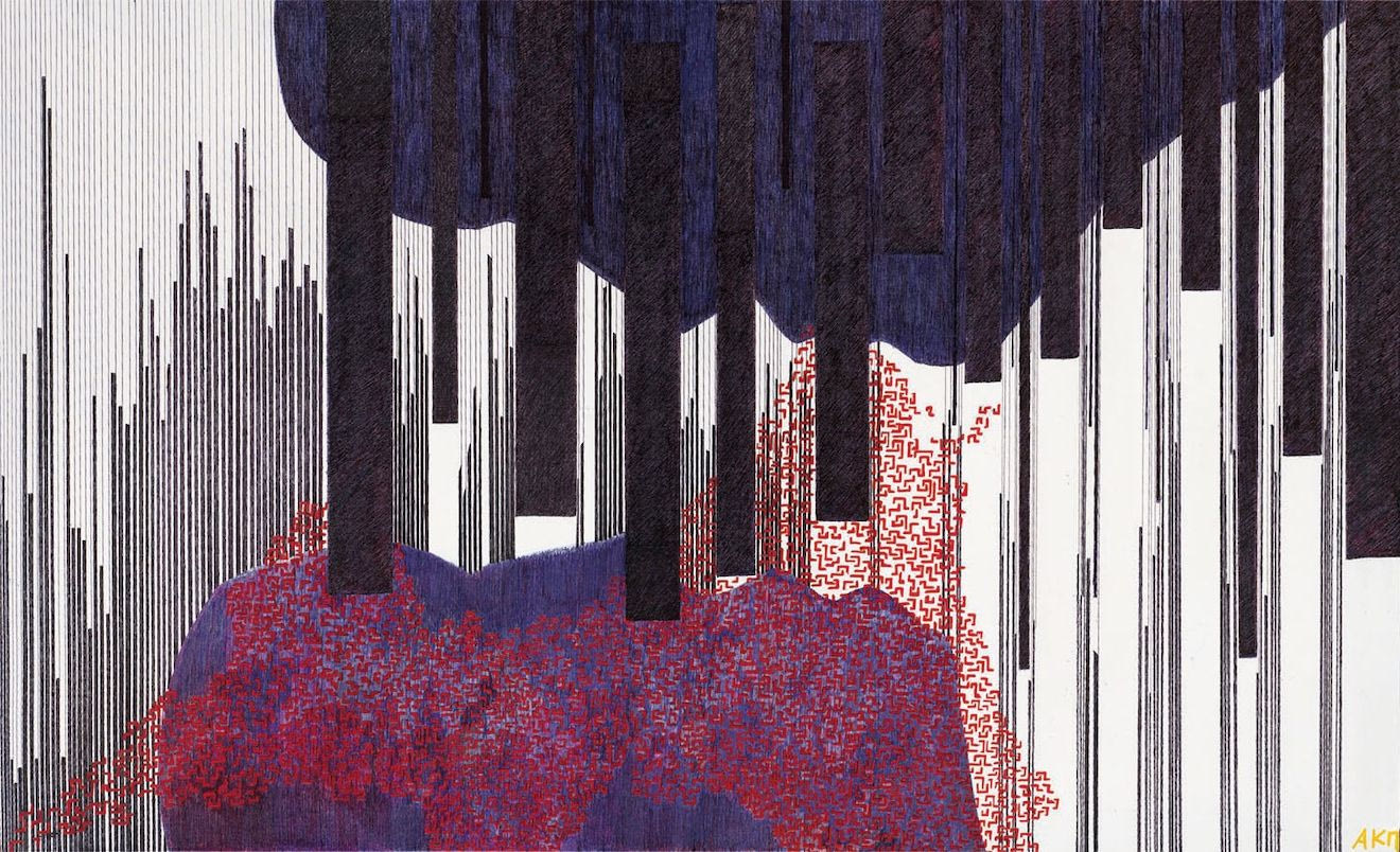 Inception [Υποβολή], 2023 στιλό διαρκείας και πενάκι σε καμβά, 63x98 εκ.