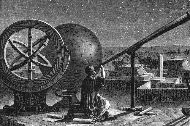 Ο Ίππαρχος εργάζεται στο αστεροσκοπείο της Αλεξάνδρειας, με πρώιμο τηλεσκόπιο, ουράνια σφαίρα και τροχιακά μοντέλα κάτω από έναστρο νυχτερινό ουρανό. Vintage εικονογράφηση του 1880.