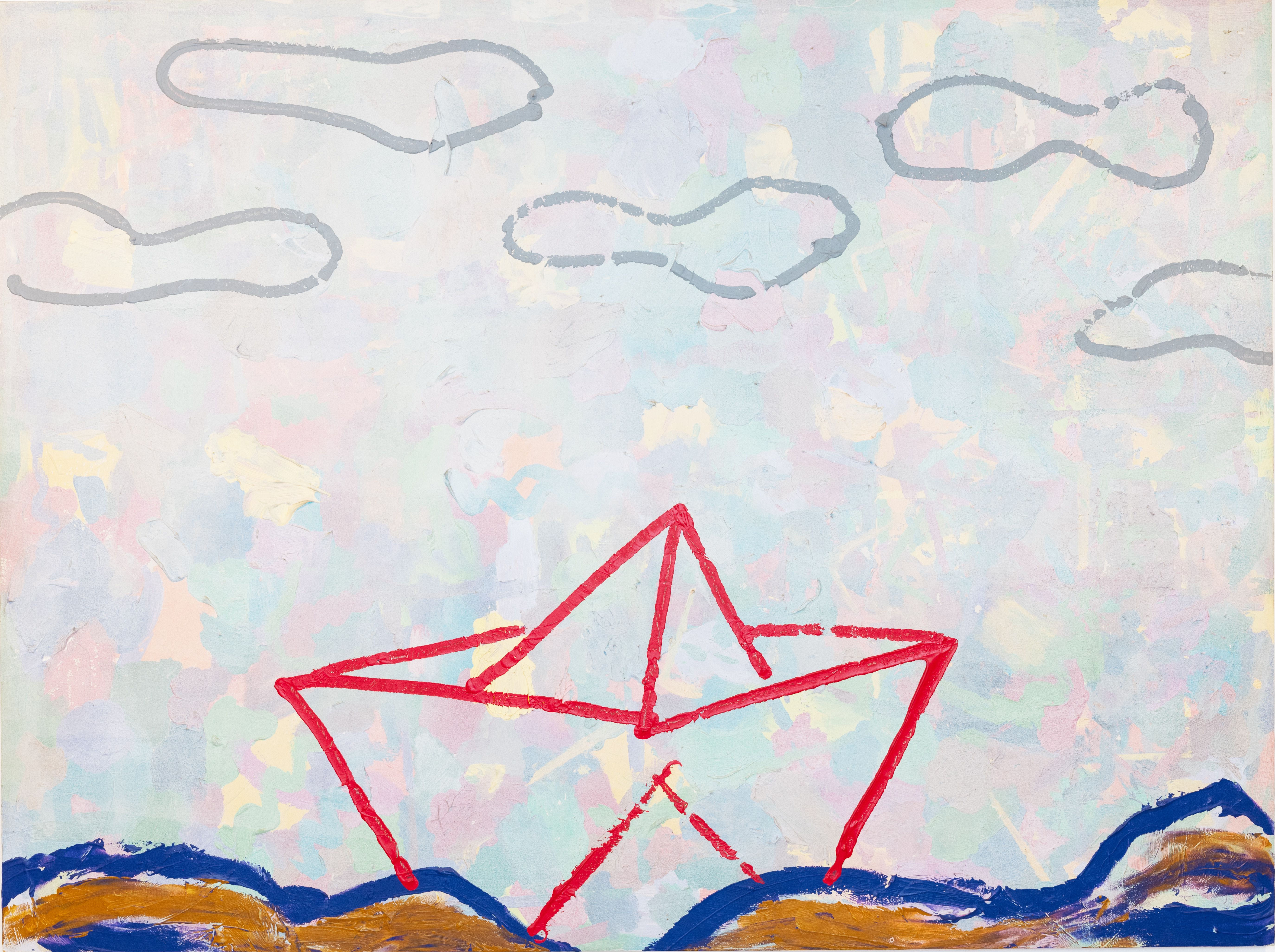 Θαλασσογραφία με βαρκούλα και πατημασιές αγγέλων στα σύννεφα, 1993 78 x 102 εκ., ακρυλικό και μικτά υλικά σε κόντρα πλακέ © The Estate of Alexis Akrithakis Φωτ. Χλόη Ακριθάκη