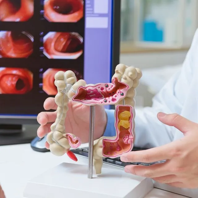 Γιατρός χρησιμοποιεί ένα μοντέλο του παχέος εντέρου για να εξηγήσει τη διάγνωση του καρκίνου του εντέρου.