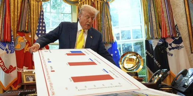 Ο Πρόεδρος Ντόναλντ Τραμπ κρατάει γραφήματα καθώς μιλάει για την οικονομία στο Οβάλ Γραφείο του Λευκού Οίκου